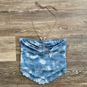 ROMWE Blue Paisley Mesh Halter Top XS Fairycore Boho Ruched Handkerchief Hem